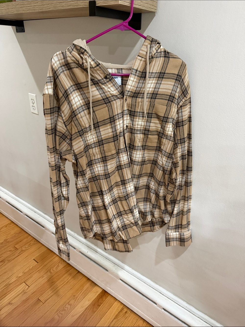 Old Navy Beige Plaid Hooded Button Shirt